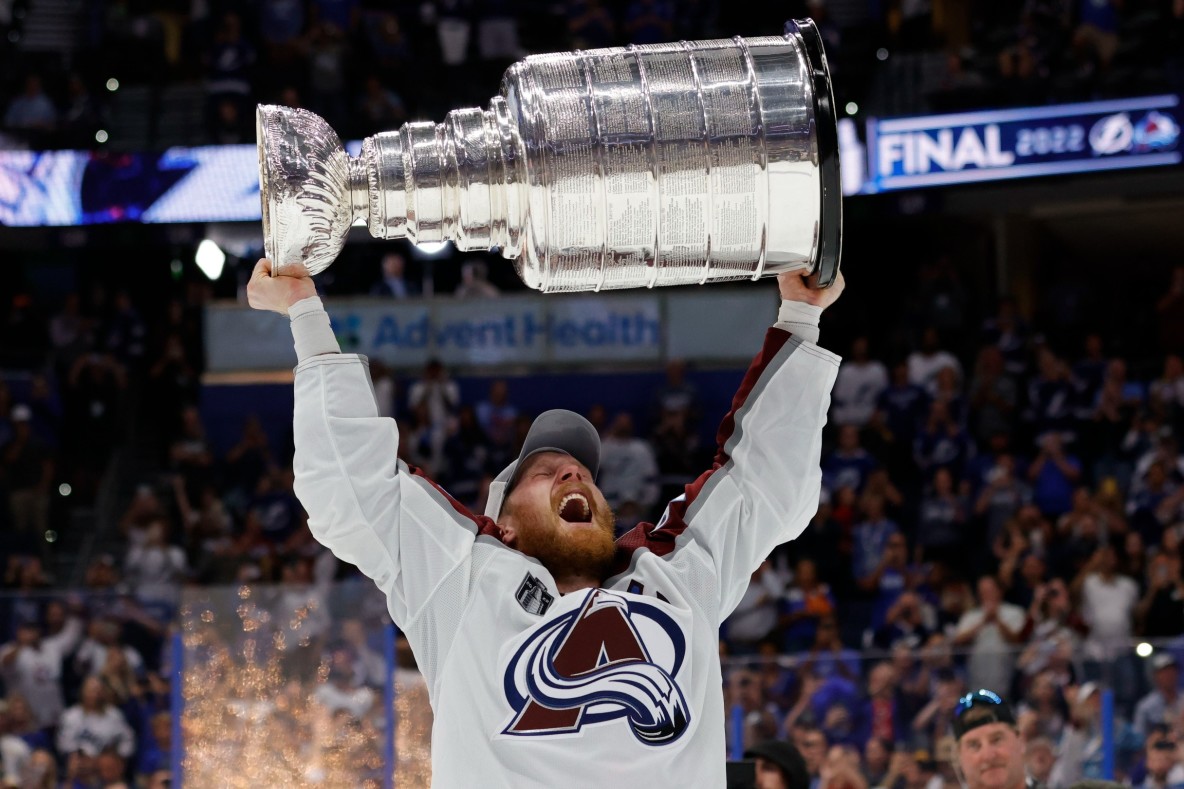 Hockey_NHL_Colorado Avalanche's Gabriel Landeskog celebrates with the Stanley Cup
